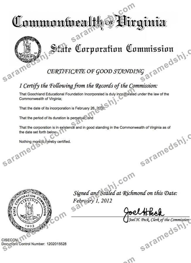 USA Virginia certificate of good standing